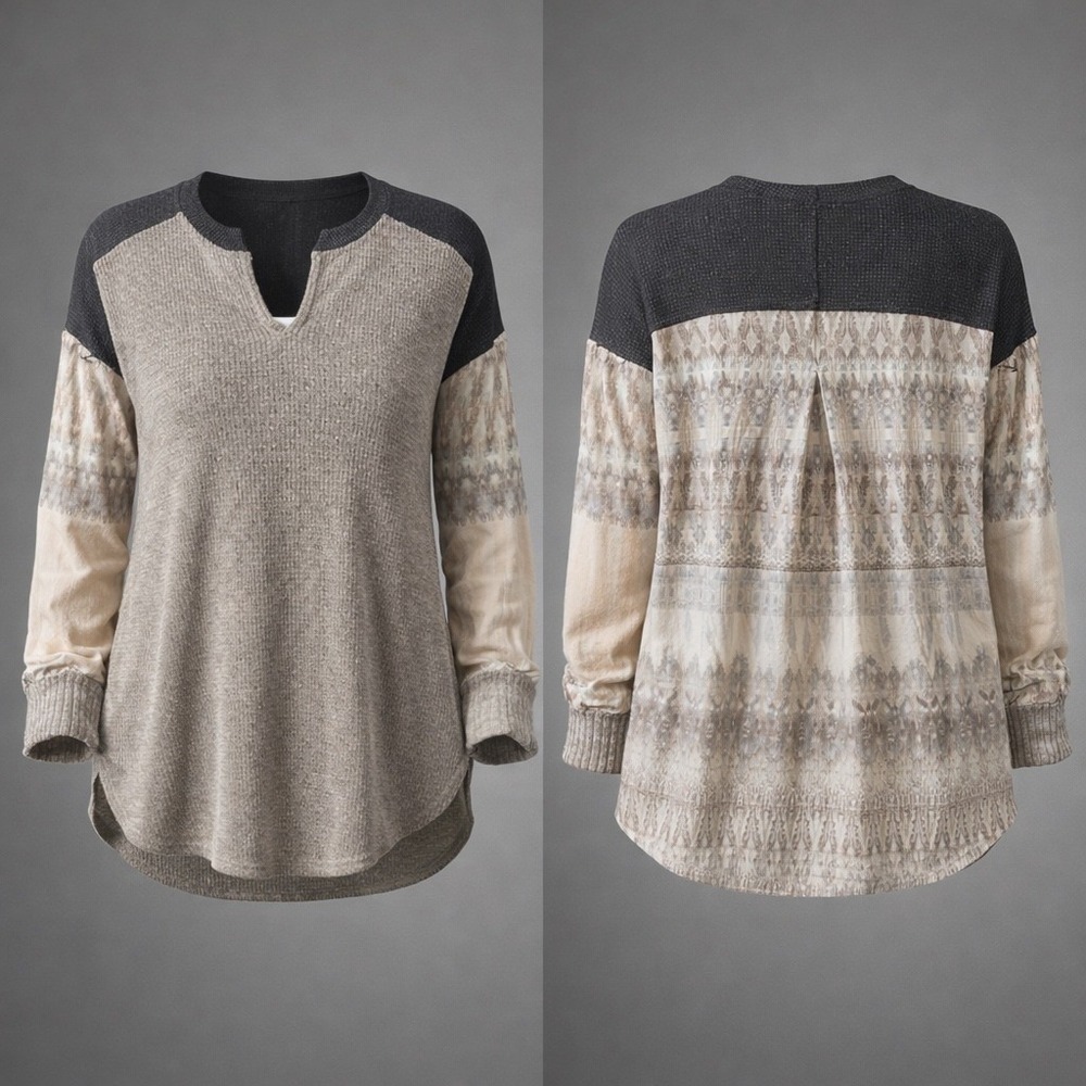 NWOT BKE Womens XL Mixed Media Waffle Knit Boho Print Split Neck Top Taupe